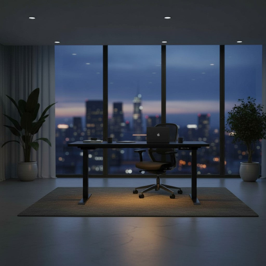 Cloud Office Studio 140cm black dual-motor standing desk in a modern office with city skyline view at twilight.