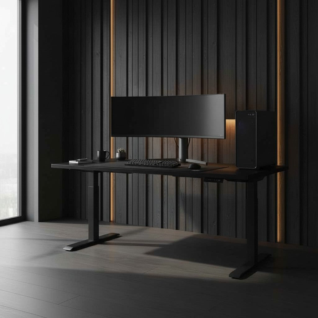 Cloud Office Studio 140cm black dual-motor standing desk with a sleek matte finish and industrial steel frame in a modern office.