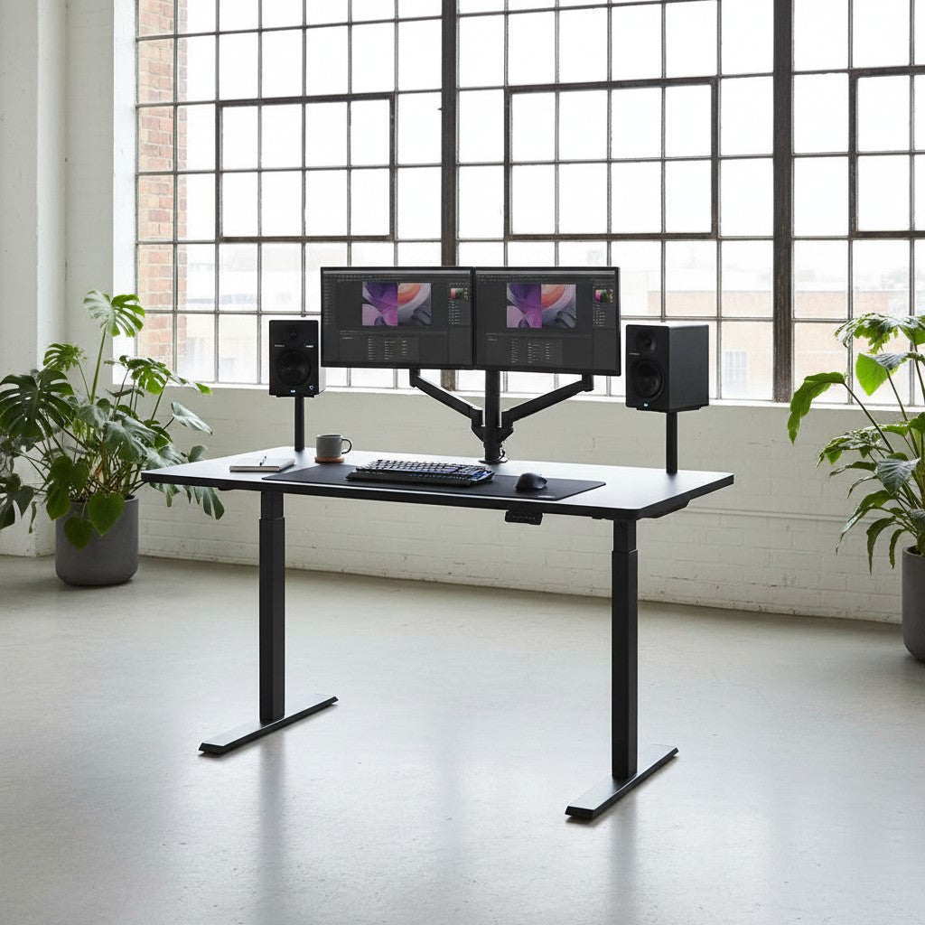 Cloud Office Studio 140cm black dual-motor standing desk with dual monitors in a bright, modern professional office.