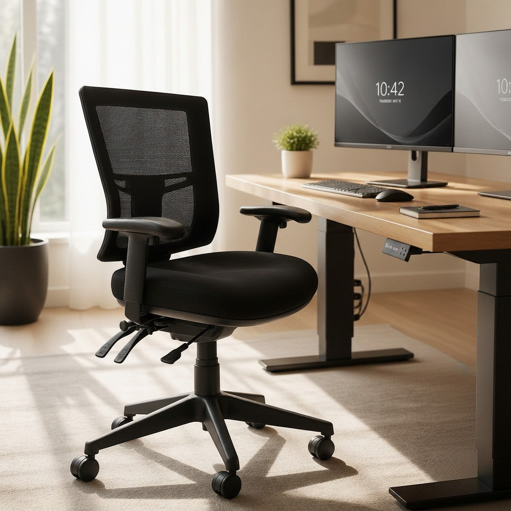 Front angle of the Buro Metro II chair with armrests at a standing desk in a bright, sunlit home office.