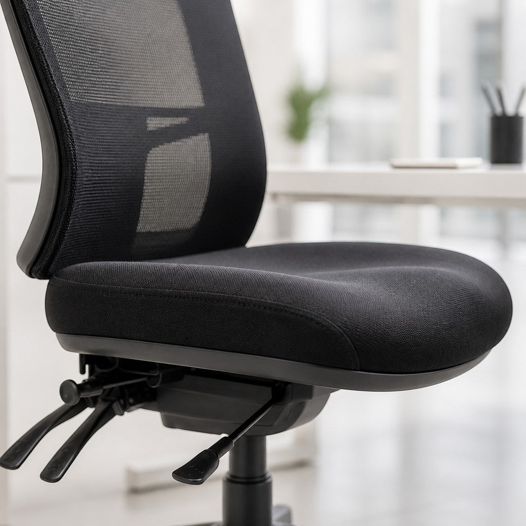 Close-up view of the 3-lever independent mechanism and high-density foam seat cushion on the Buro Metro II.