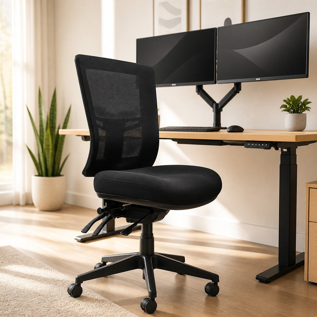 Front angle of the Buro Metro II chair without armrests at a standing desk in a bright, sunlit home office.