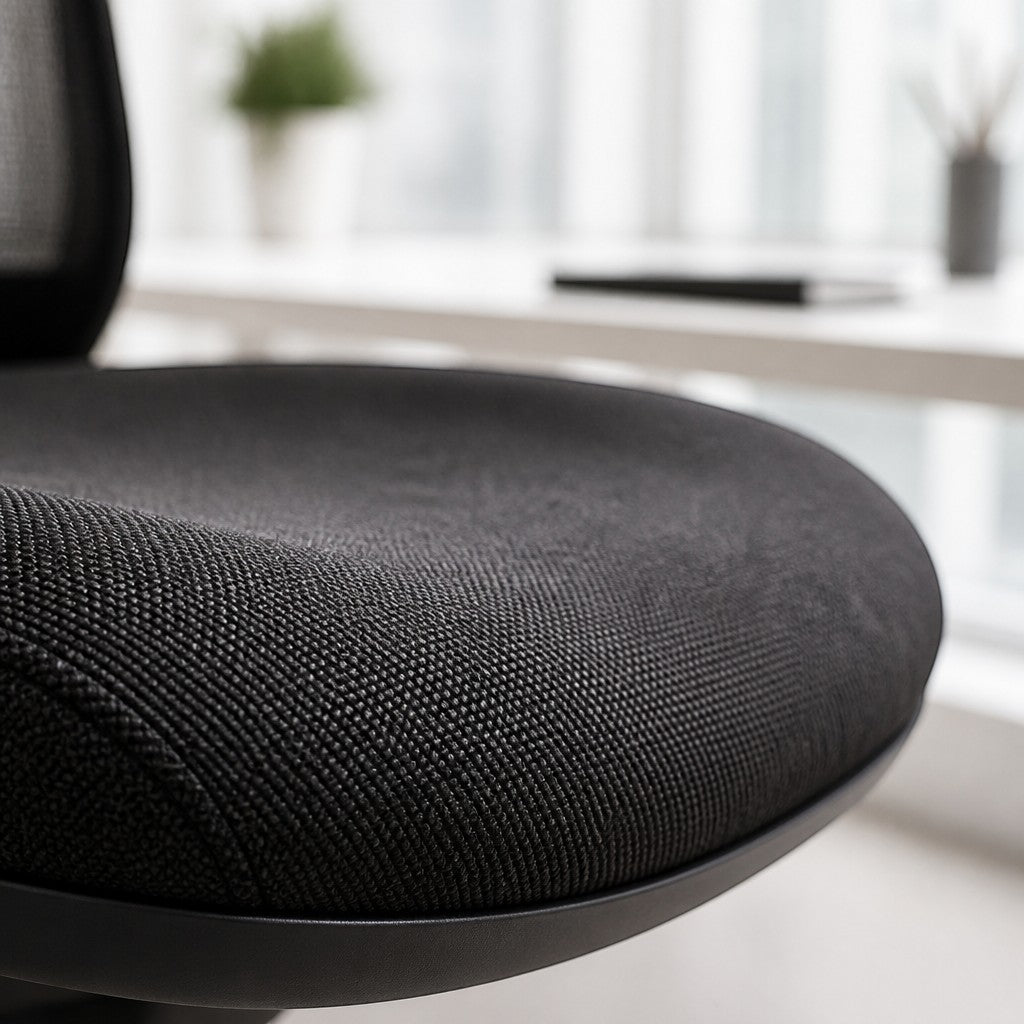 Macro texture shot of the heavy-duty commercial woven black fabric on the Buro Metro II seat pan.