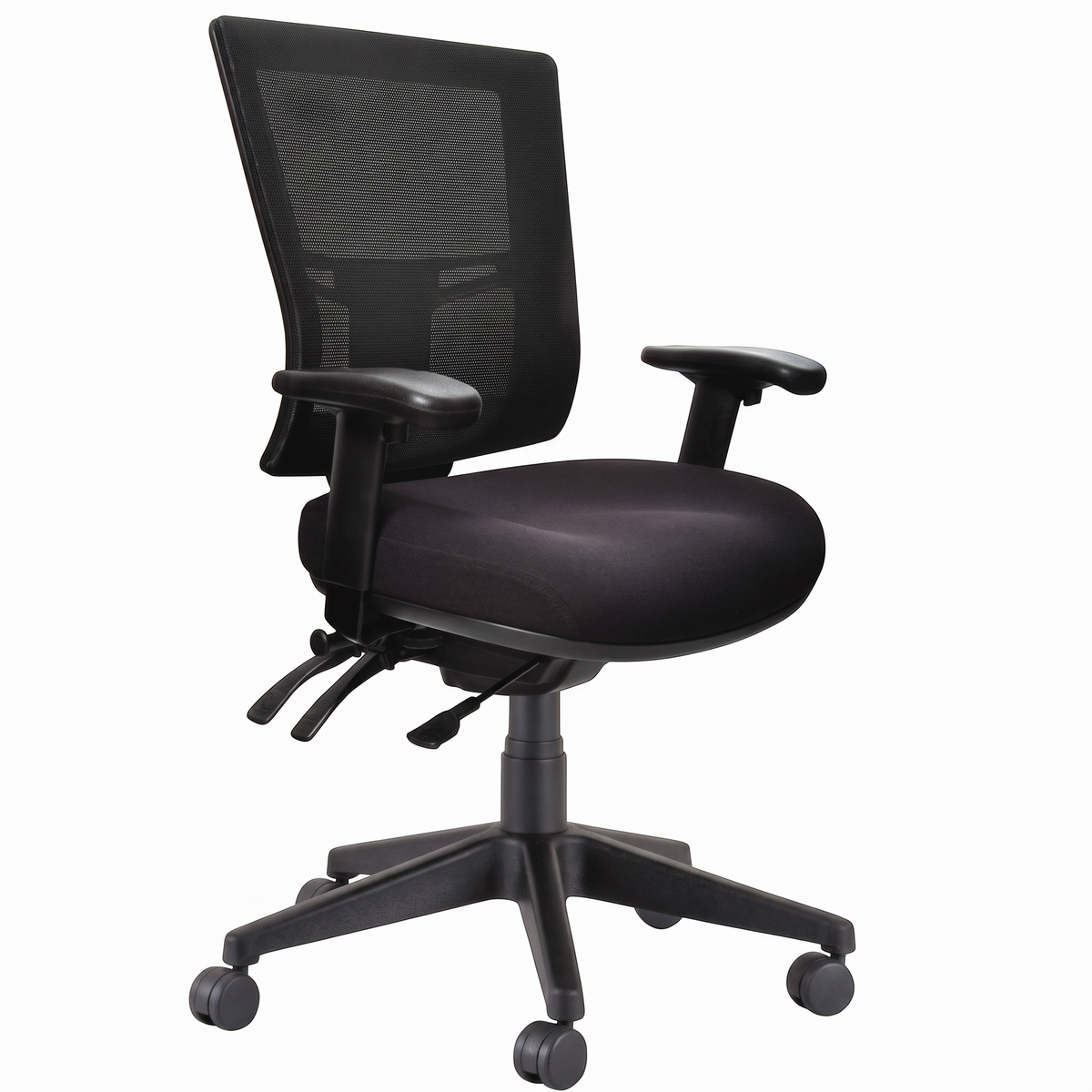 Cloud Office Studio Buro Metro II 24/7 black ergonomic task chair with breathable mesh back and adjustable levers.
