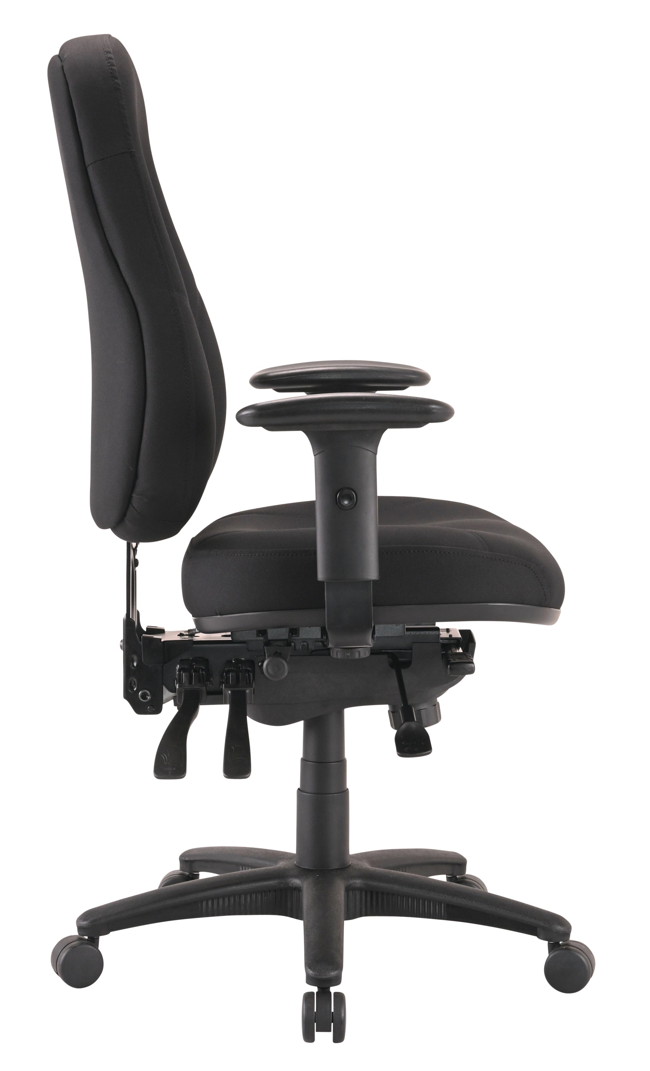 Cloud Office Studio Buro Persona 24/7 heavy-duty ergonomic chair in black fabric, side view showing adjustable levers.