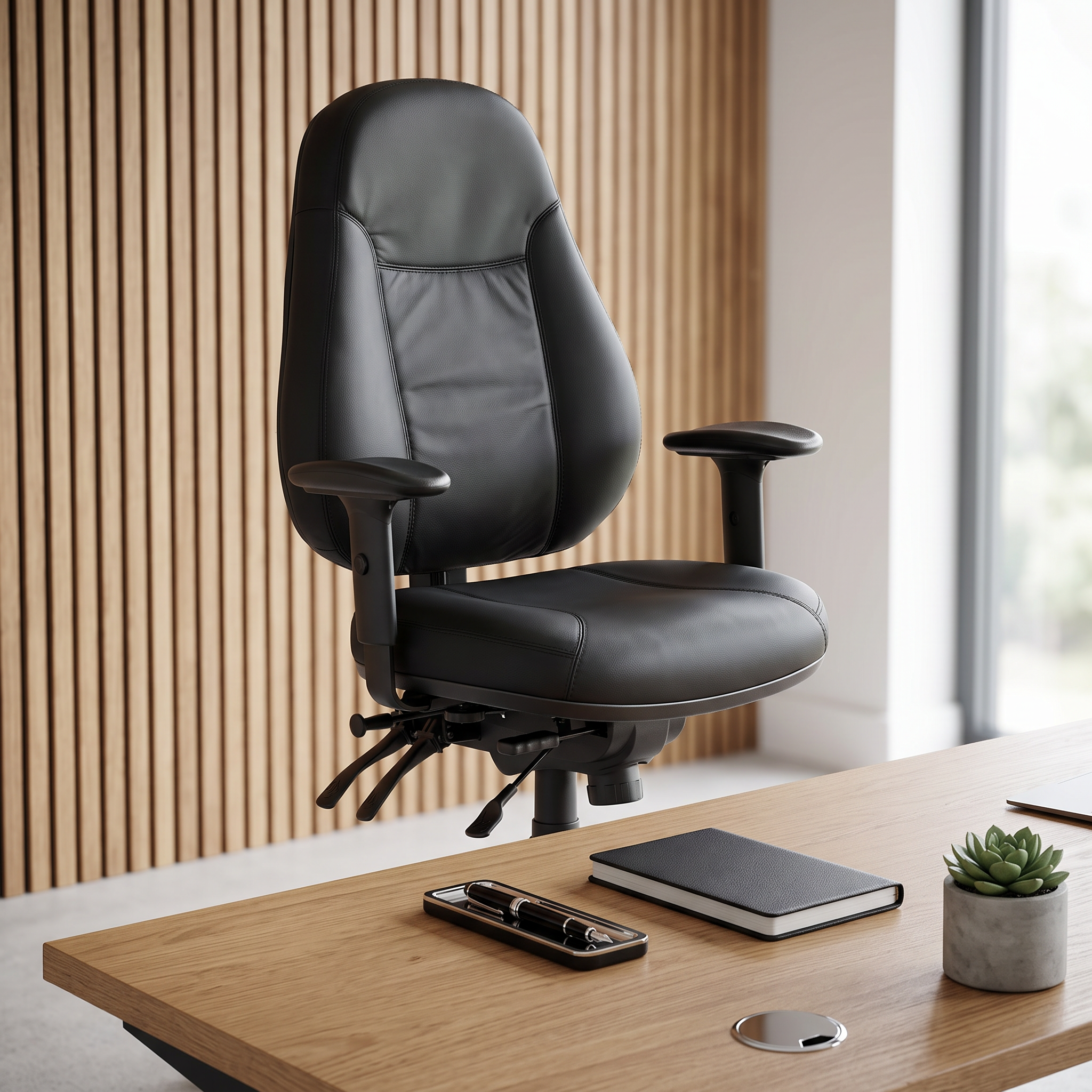 Cloud Office Studio Buro Persona 24/7 heavy-duty black leather ergonomic executive chair with adjustable armrests.