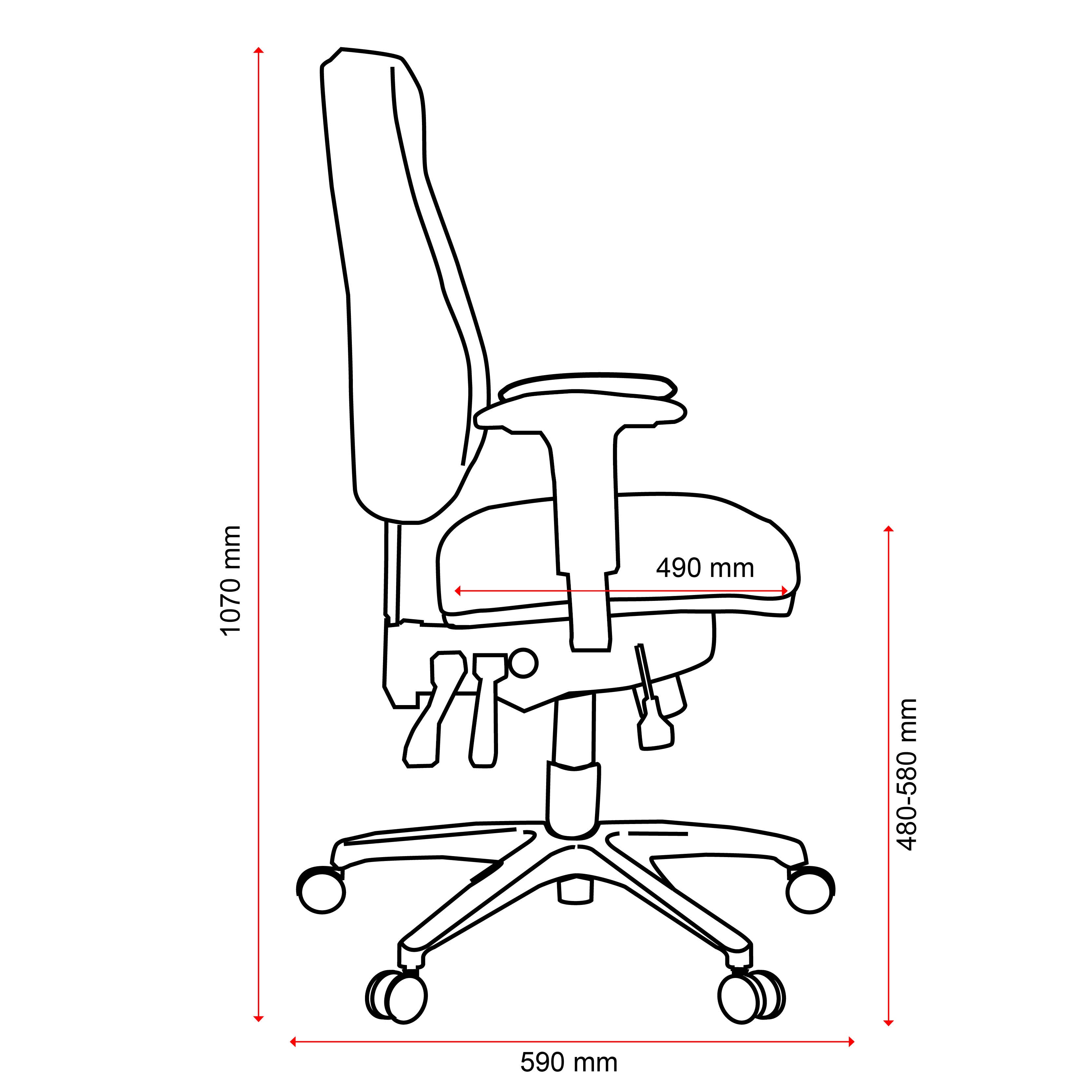 Cloud Office Studio Buro Persona 24/7 ergonomic chair technical line drawing showing dimensions and adjustment levers.