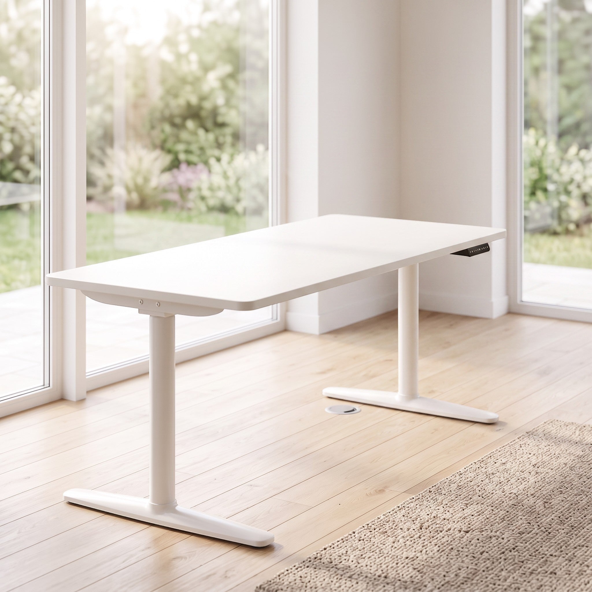 Cloud Office Studio Buro Syntra white heavy-duty dual-motor standing desk in a bright modern home office
