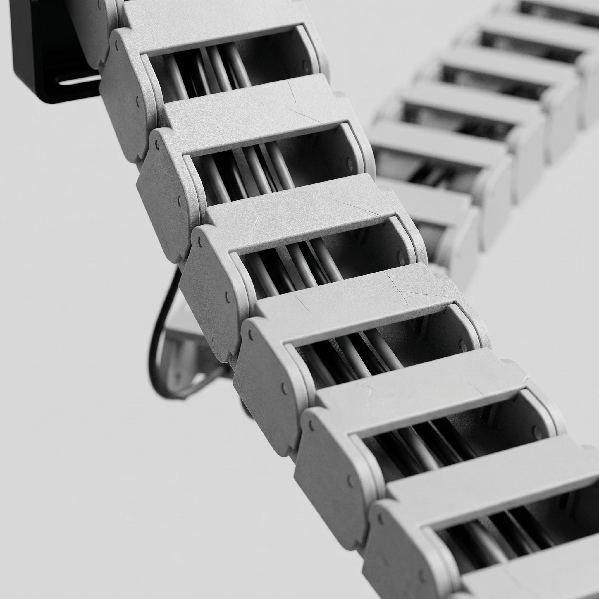 Cloud Office Studio cable spine for standing desks, featuring a flexible grey plastic umbilical design.