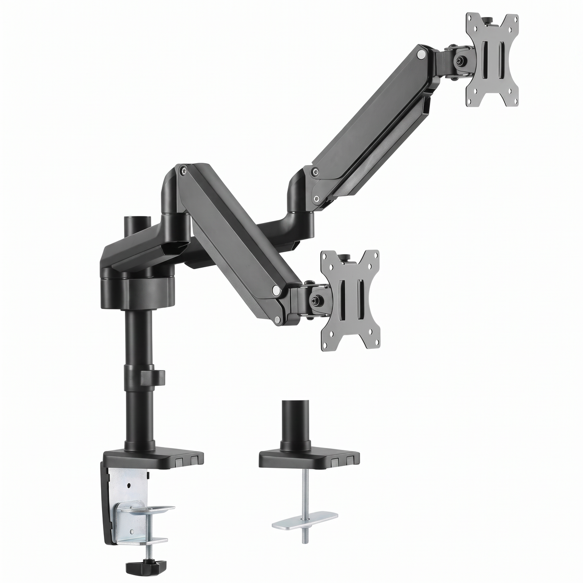 Cloud Office Studio ApexMotion matte black dual gas-spring monitor arm with adjustable arms and desk mounting hardware