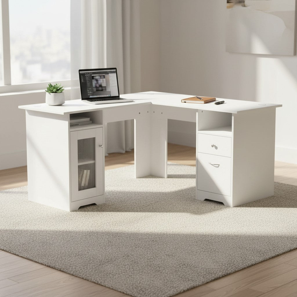 Cloud Office Studio L-shaped executive desk in matte white with integrated storage, including a cabinet and drawers.