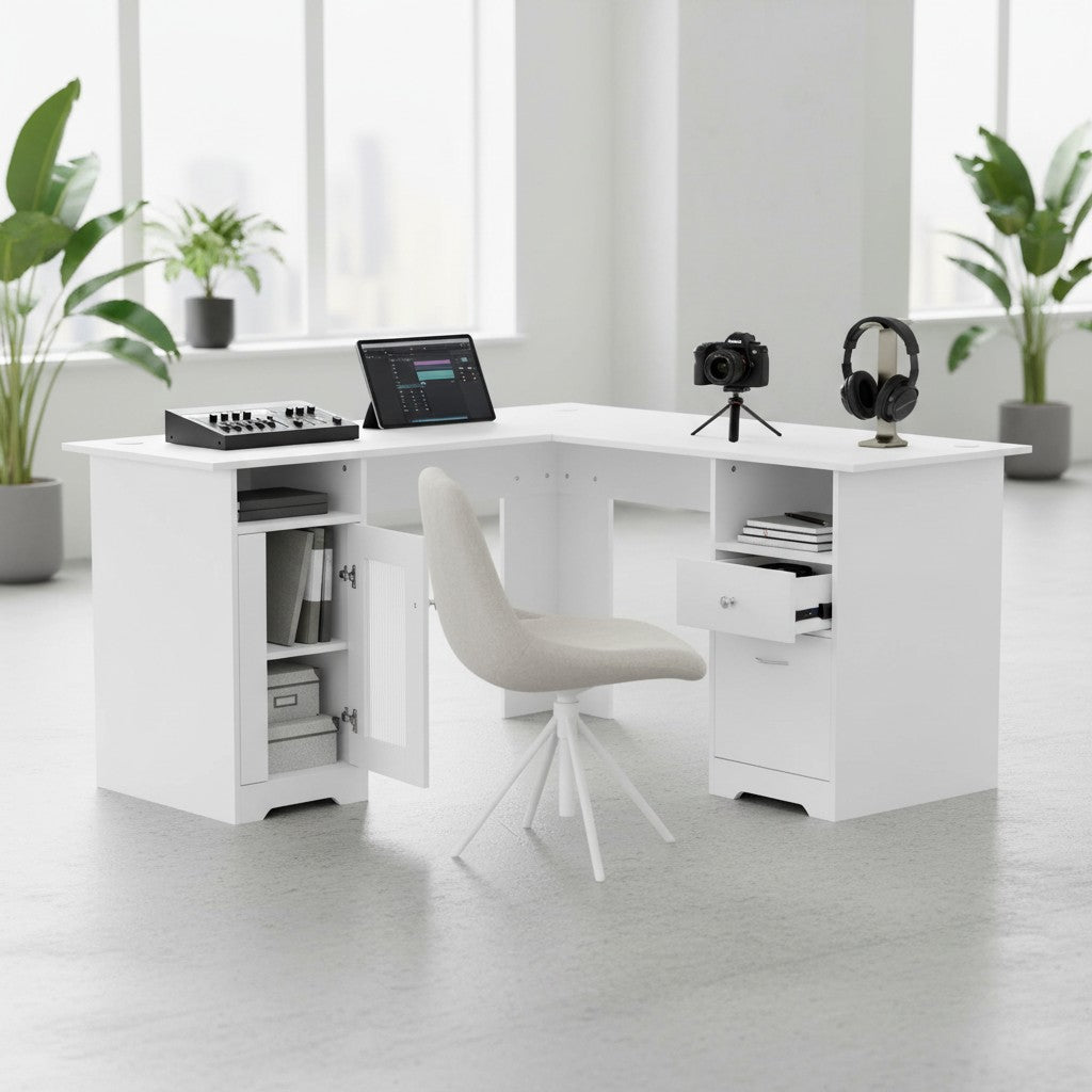 Cloud Office Studio L-shaped executive desk in matte white with integrated storage, including a cabinet and drawers.