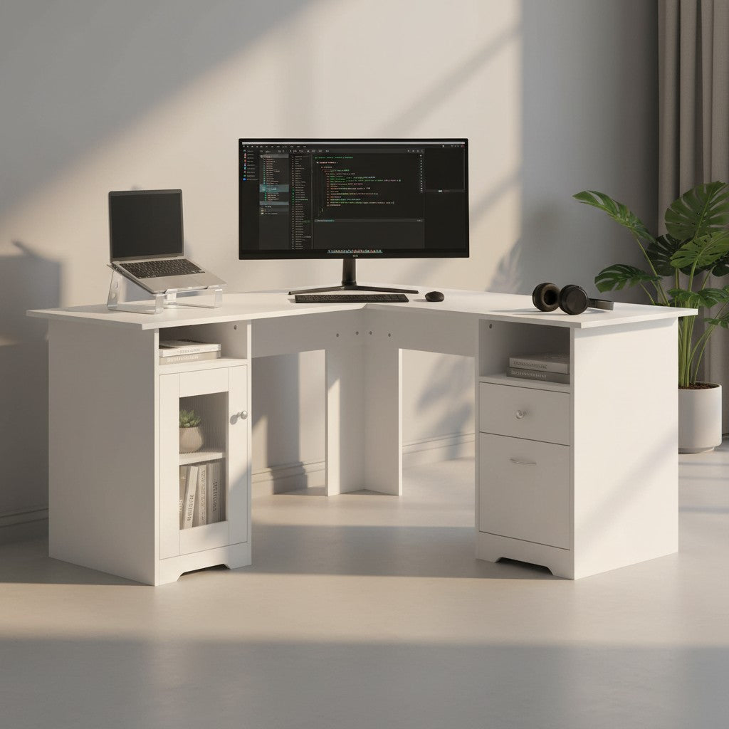 Cloud Office Studio L-shaped executive desk in matte white with integrated storage, including a cabinet and drawers.