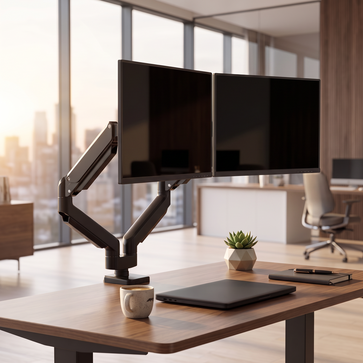 Cloud Office Studio ApexMotion matte black dual gas-spring monitor arm holding two screens on a wooden desk
