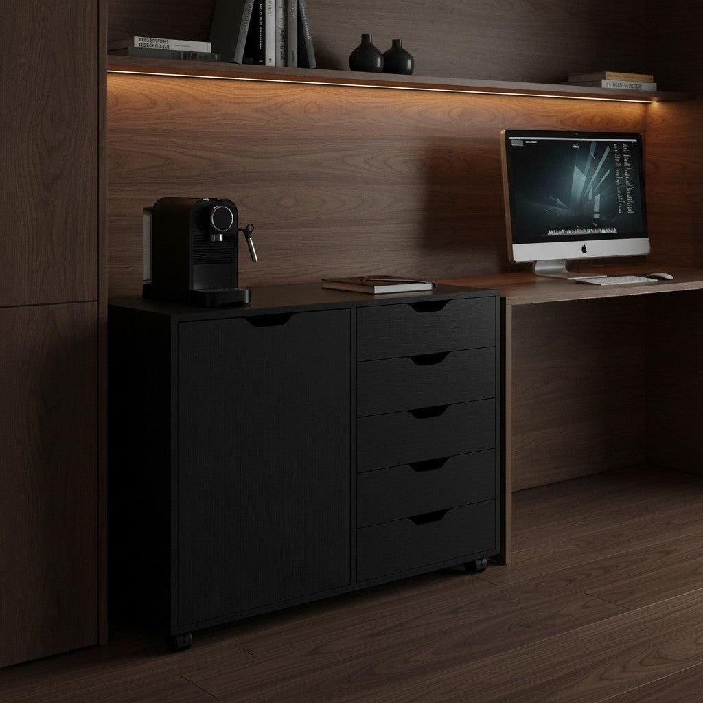 Cloud Office Studio matte black executive storage console with five drawers and a side cabinet in a modern office.