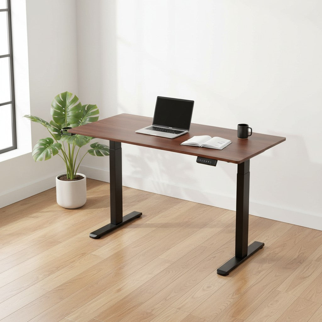 Cloud Office Studio walnut standing desk with black industrial frame, laptop, and notebook in a bright home office.