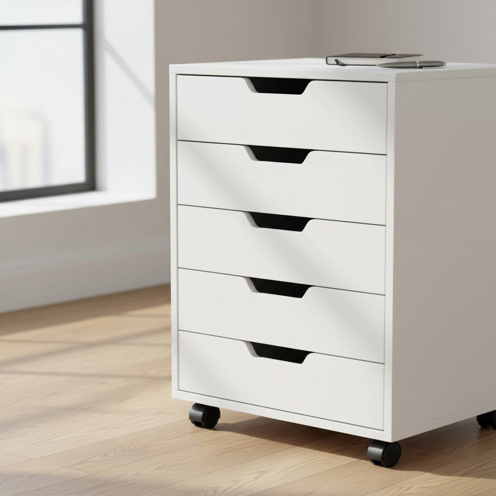 Cloud Office Studio matte white 5-drawer mobile storage cabinet with smooth-glide rails on a wooden floor.