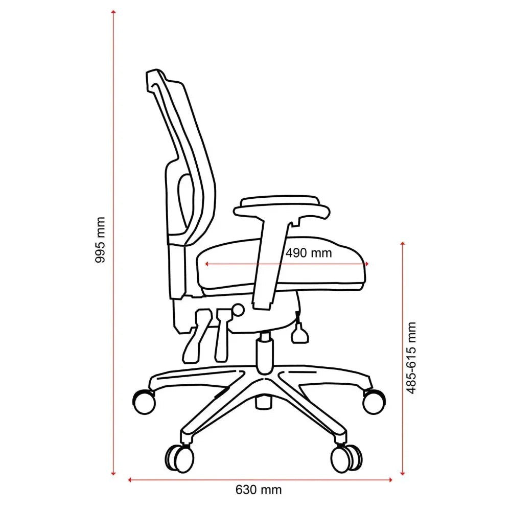 Side profile dimensional schematic diagram of the Buro Metro II chair highlighting tilt and height adjustments.