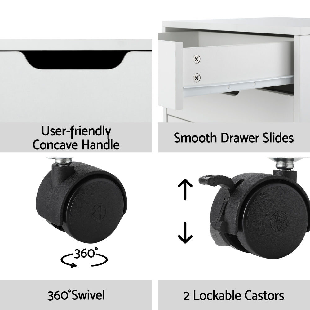 Close-up of the smooth-glide drawer rails, user-friendly concave handles, and lockable 360-degree swivel castors.
