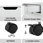 Close-up of the smooth-glide drawer rails, user-friendly concave handles, and lockable 360-degree swivel castors.