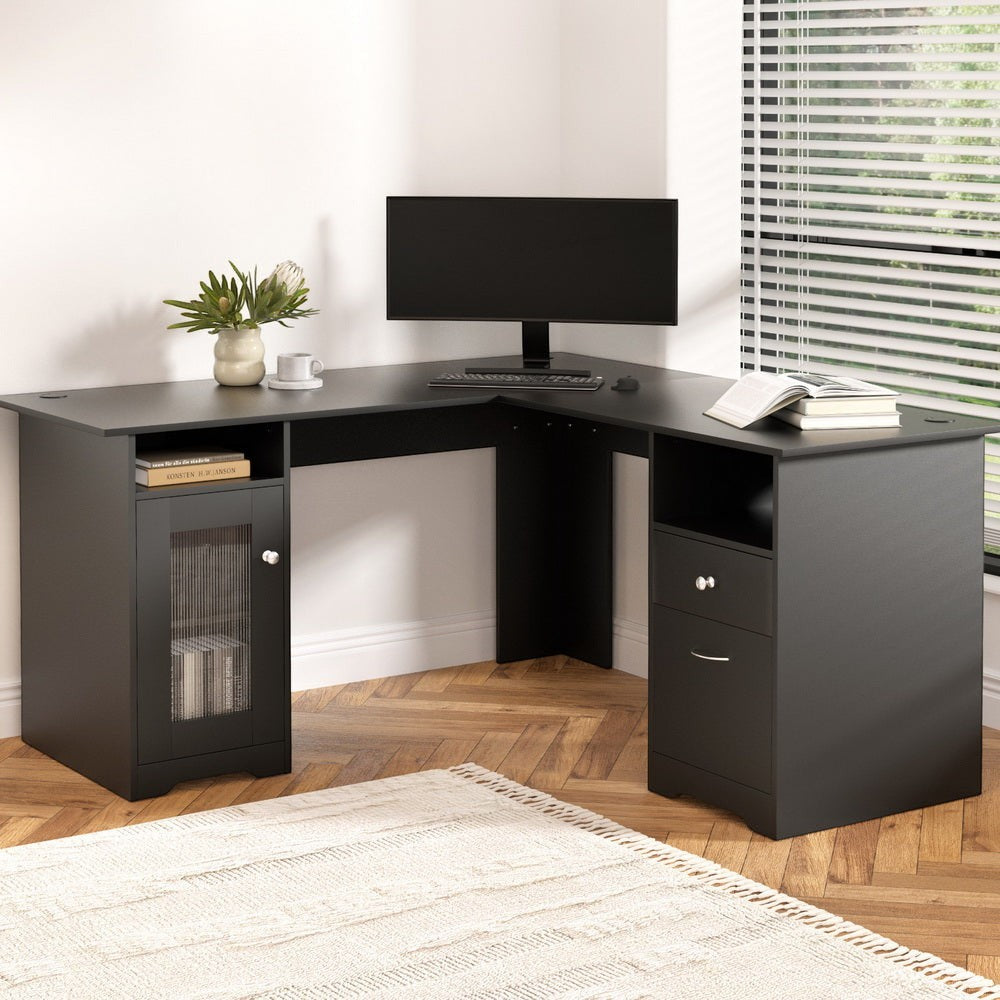 Cloud Office Studio 150cm L-Shape Executive Desk with Storage - Matte Black