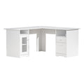 Angled front view of a white L-shaped corner computer desk featuring built-in storage cabinets and a drawer.