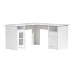 Angled front view of a white L-shaped corner computer desk featuring built-in storage cabinets and a drawer.