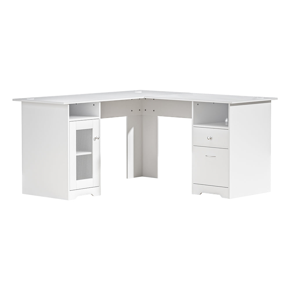Angled front view of a white L-shaped corner computer desk featuring built-in storage cabinets and a drawer.