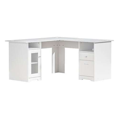 Angled front view of a white L-shaped corner computer desk featuring built-in storage cabinets and a drawer.