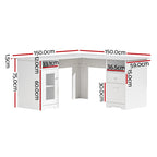 Detailed technical diagram showing the exact width, depth, and height dimensions of the white L-shaped storage desk.
