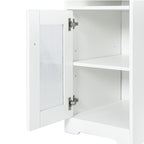 Close-up of the desk's built-in storage cabinet featuring a framed glass door and internal shelving.