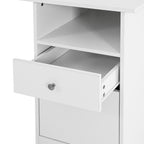 Close-up of the smooth sliding storage drawer and open shelf section of the white corner desk.