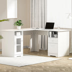 Clean white L-shaped study desk set up in a bright, modern home office workspace.