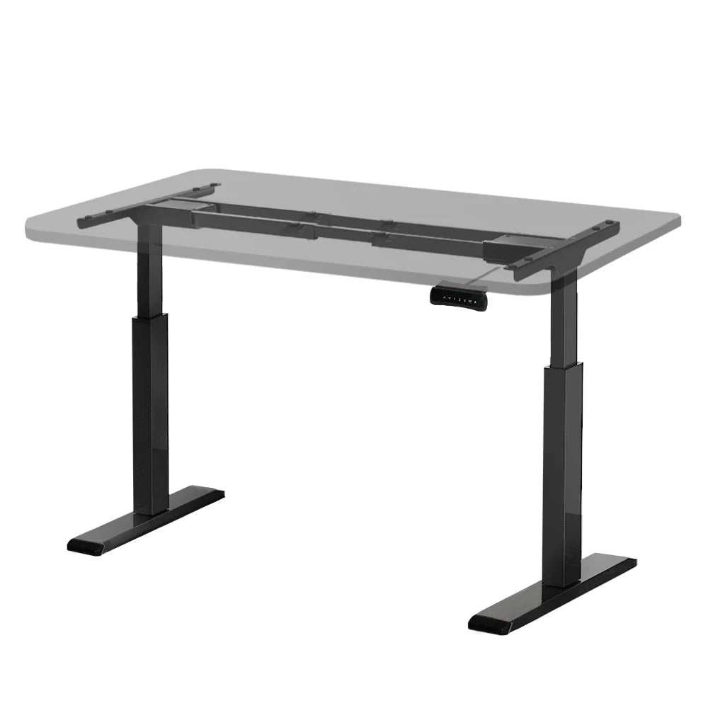 Angled front view of a black motorised standing desk frame with a transparent desktop overlay to show assembly context.