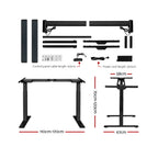 Detailed technical diagram showing the included parts, width expansion capabilities, and vertical dimensions of the black desk frame.