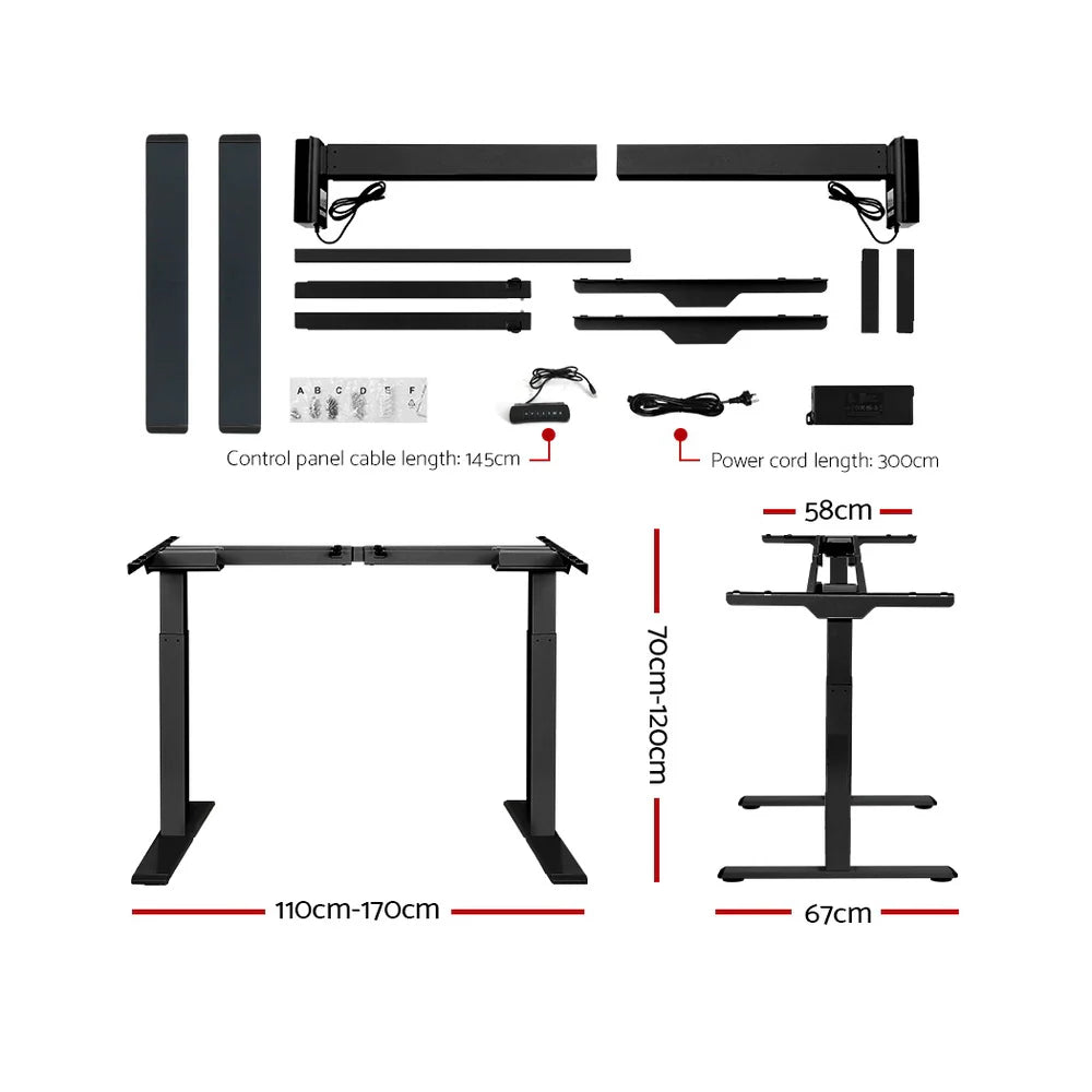 Detailed technical diagram showing the included parts, width expansion capabilities, and vertical dimensions of the black desk frame.