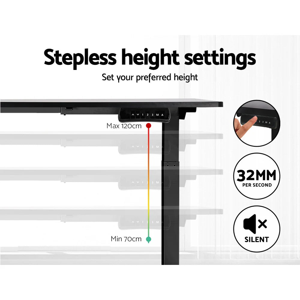 Graphic demonstrating the stepless height adjustment range and smooth lifting mechanism of the motorised frame.