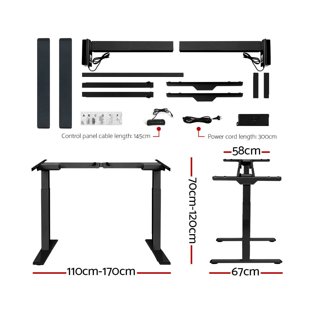 Detailed technical diagram showing the exact height range, width, and depth dimensions of the black standing desk.