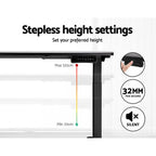 Graphic demonstrating the smooth stepless height adjustment and digital control panel of the motorised desk.