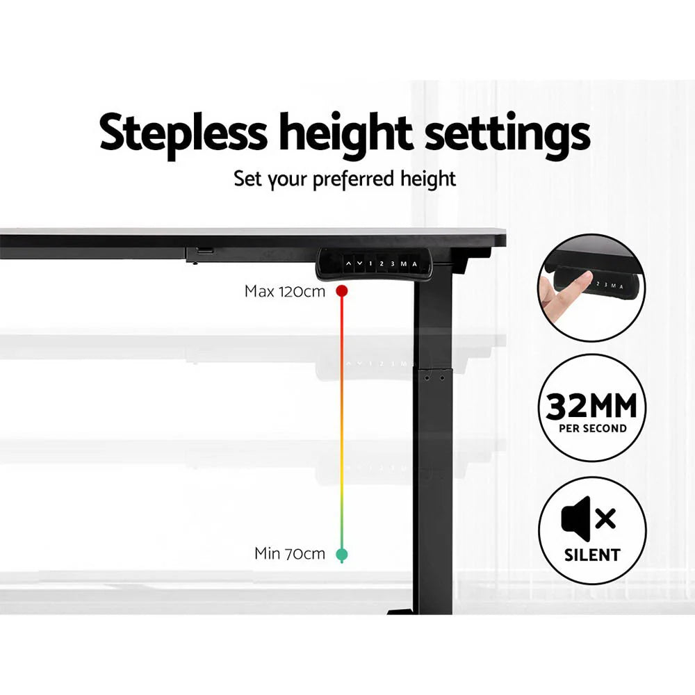 Graphic demonstrating the smooth stepless height adjustment and digital control panel of the motorised desk.