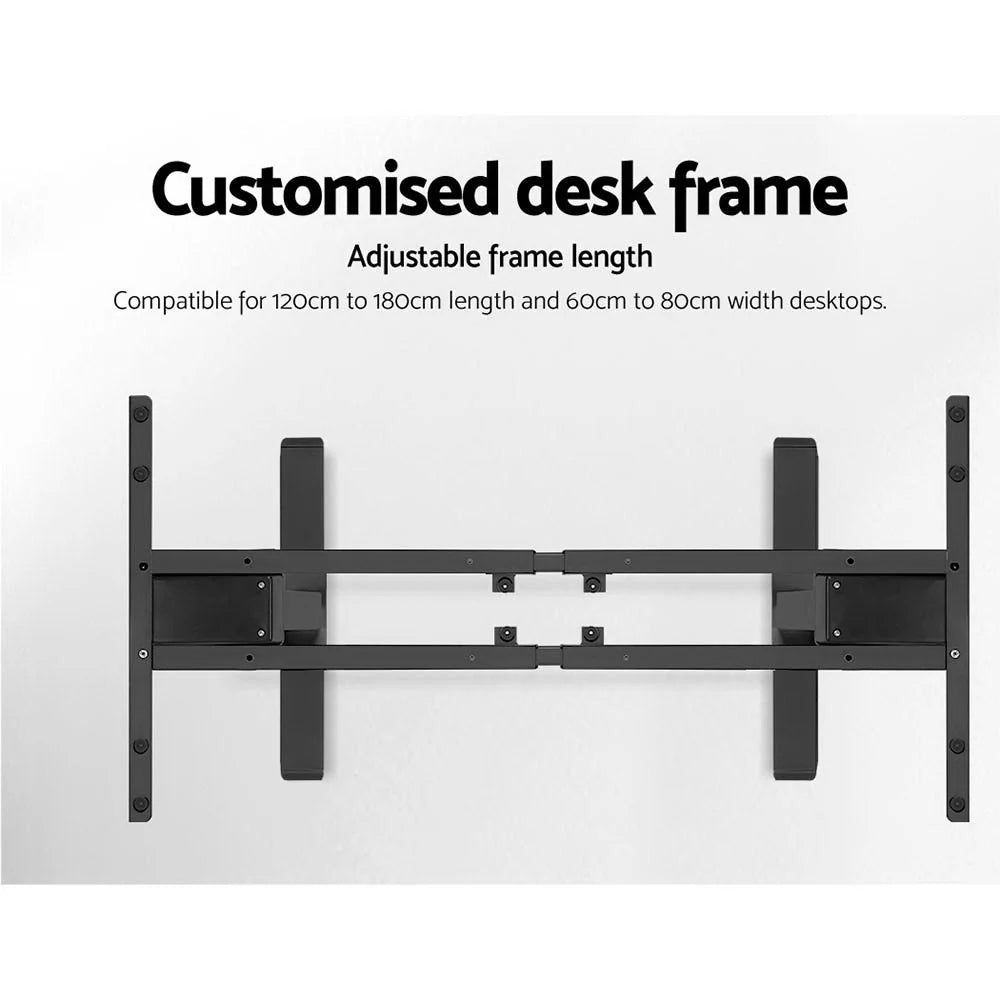 Visual showing the customisable expanding desk frame designed for stability and heavy multi-monitor setups.