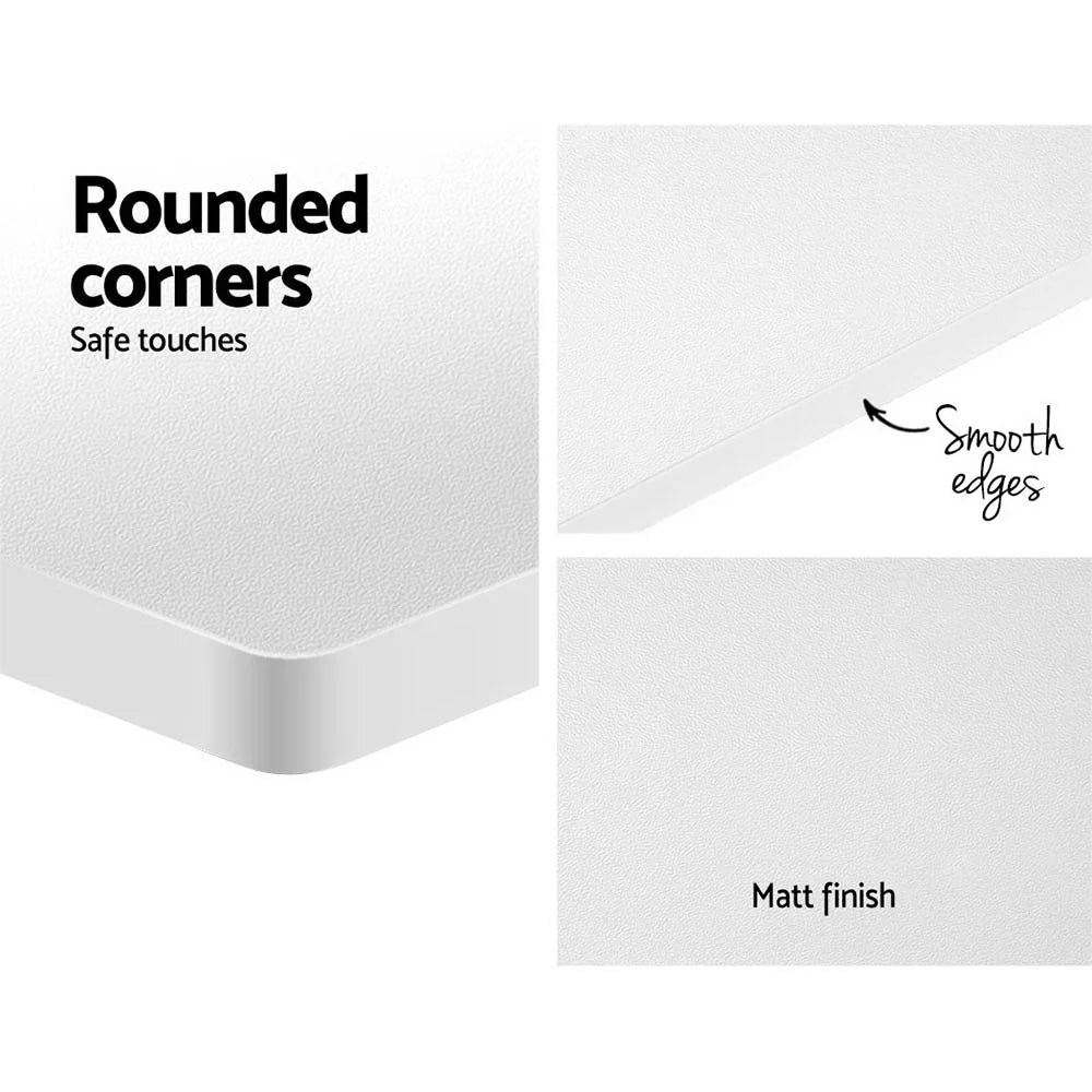 Close-up highlighting the ergonomic rounded corners and premium anti-scratch white desktop surface.