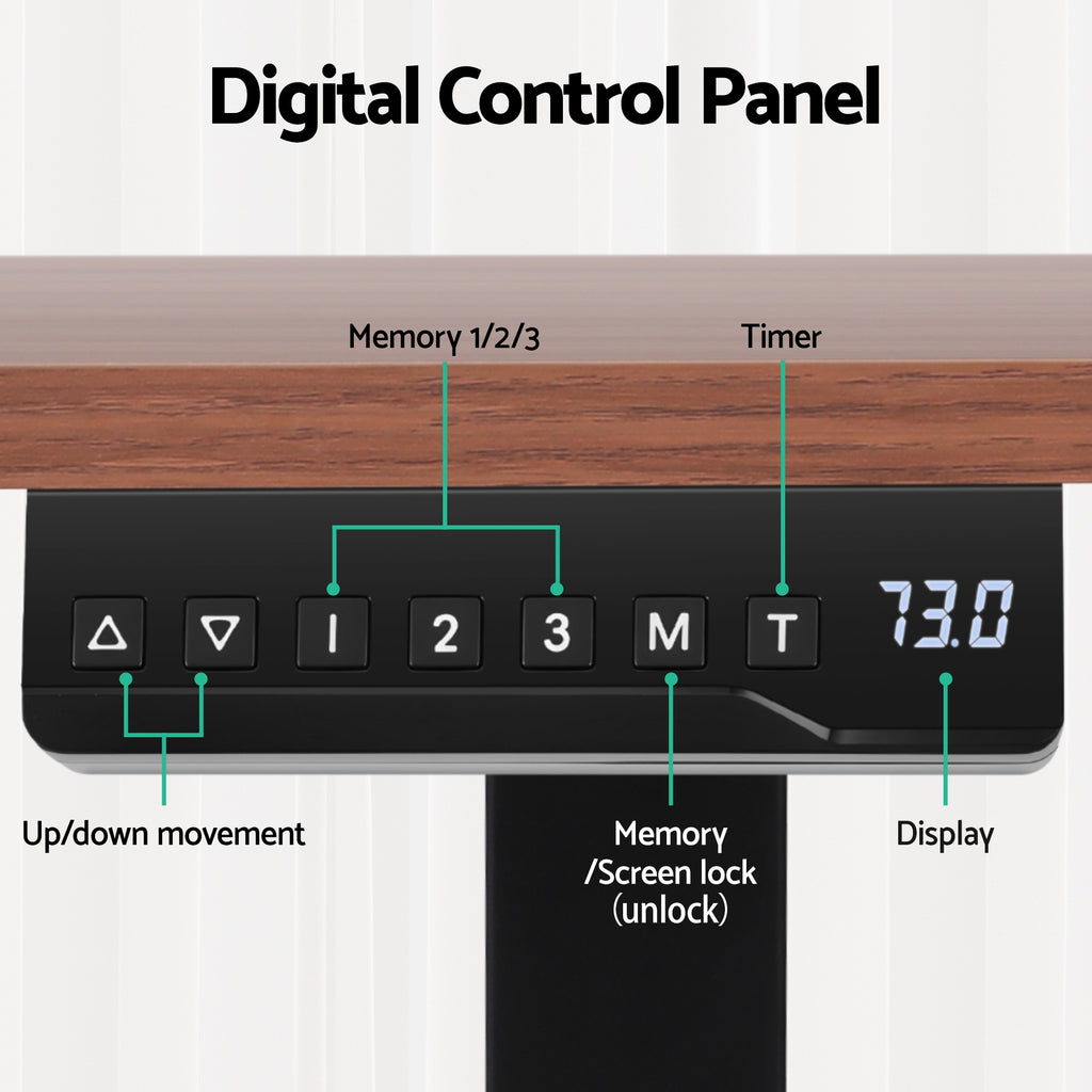 Digital LED height control panel with programmable memory presets for a dual-motor electric desk.