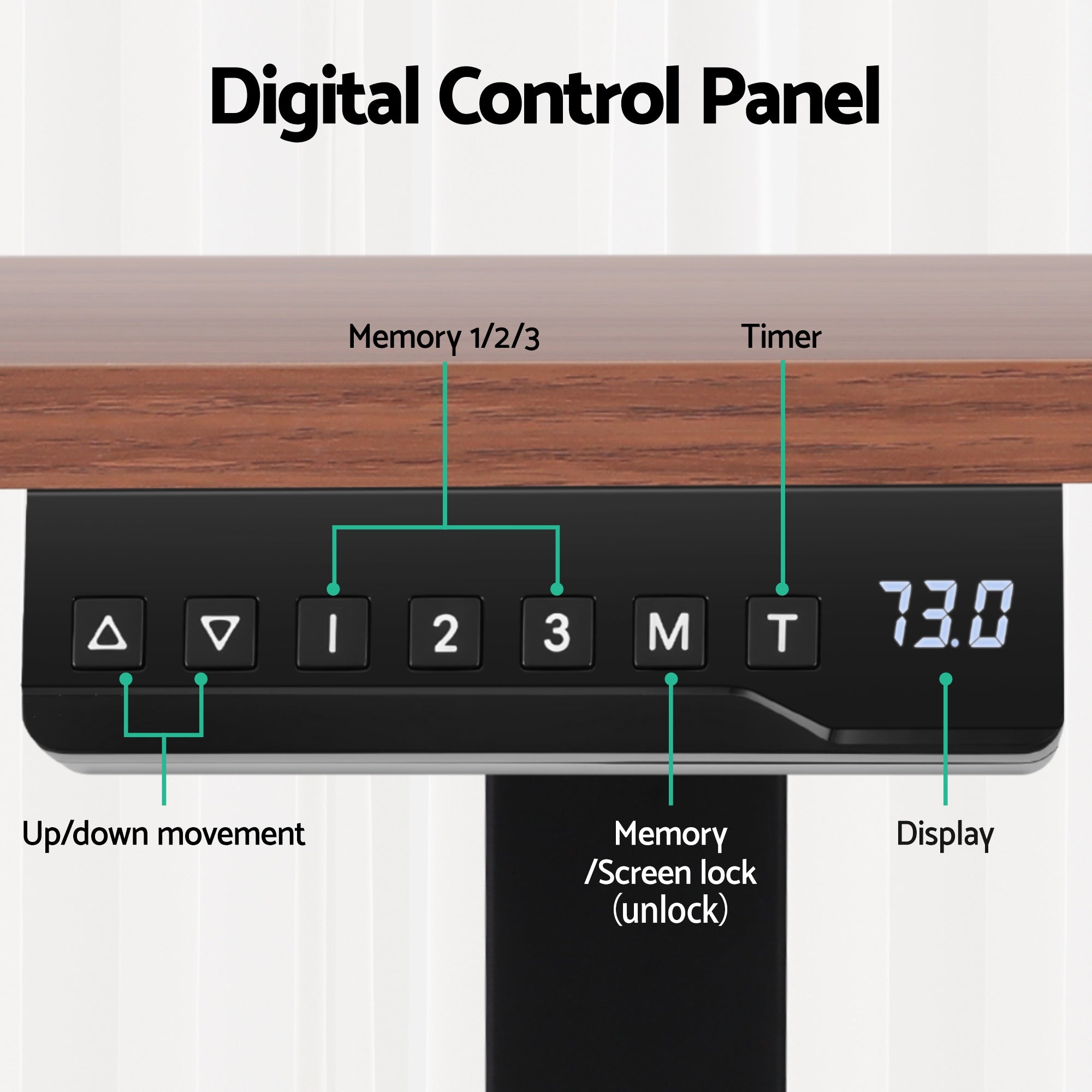 Digital LED height control panel with programmable memory presets for a dual-motor electric desk.