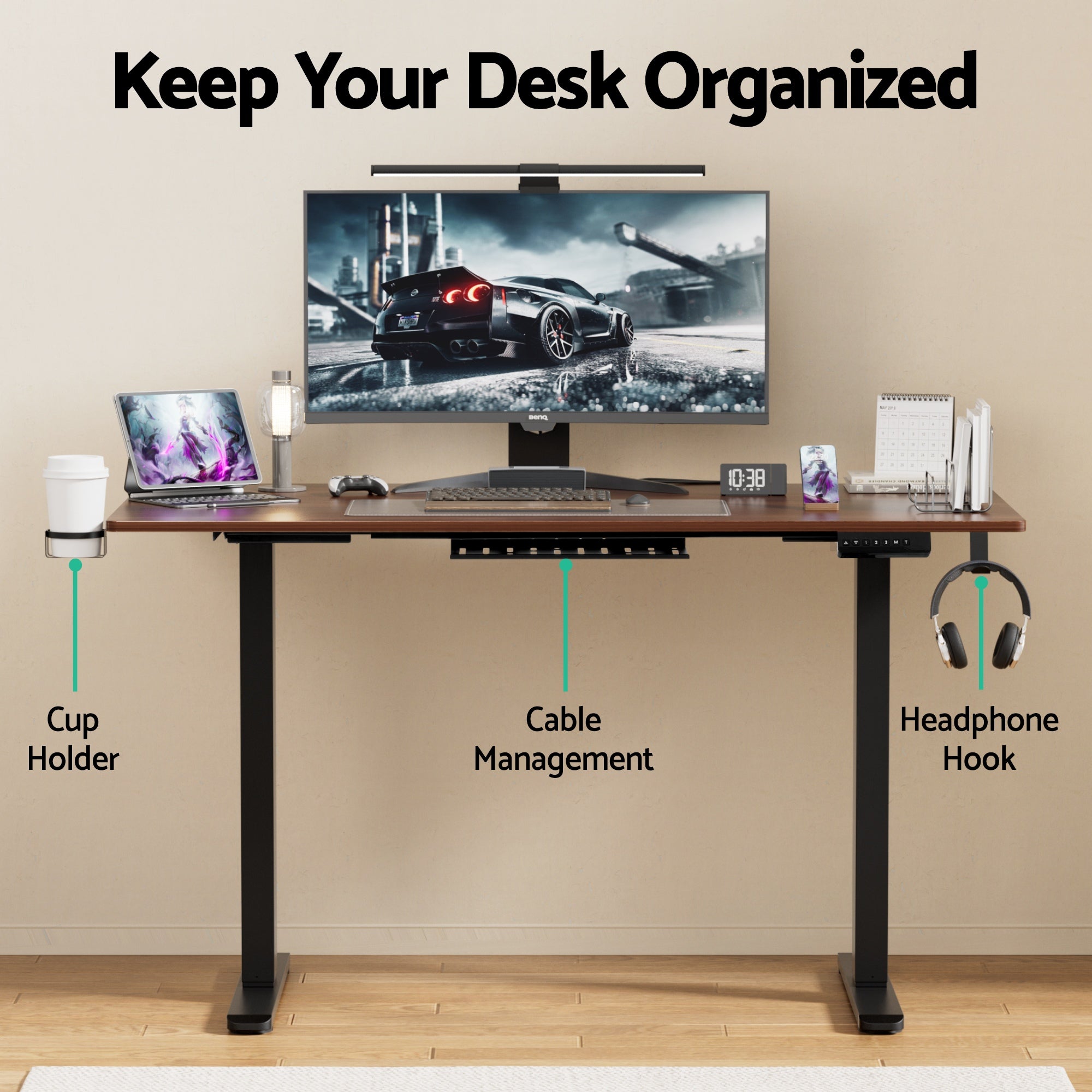 Front view of an ergonomic standing desk workstation highlighting the integrated cup holder, cable management and headphone hook accessories.