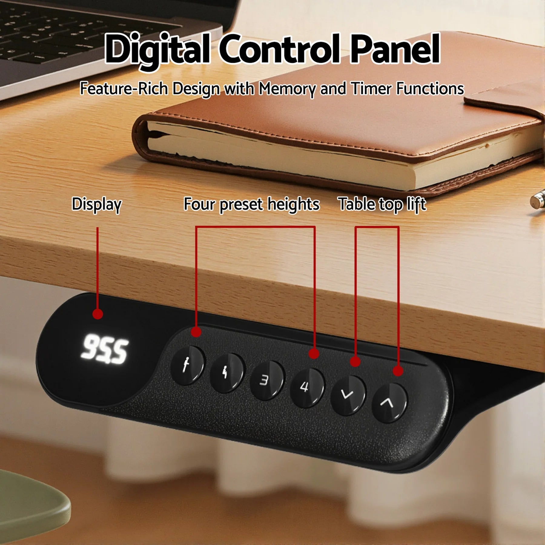 Close-up of the premium digital control panel with memory presets under the wooden desktop.