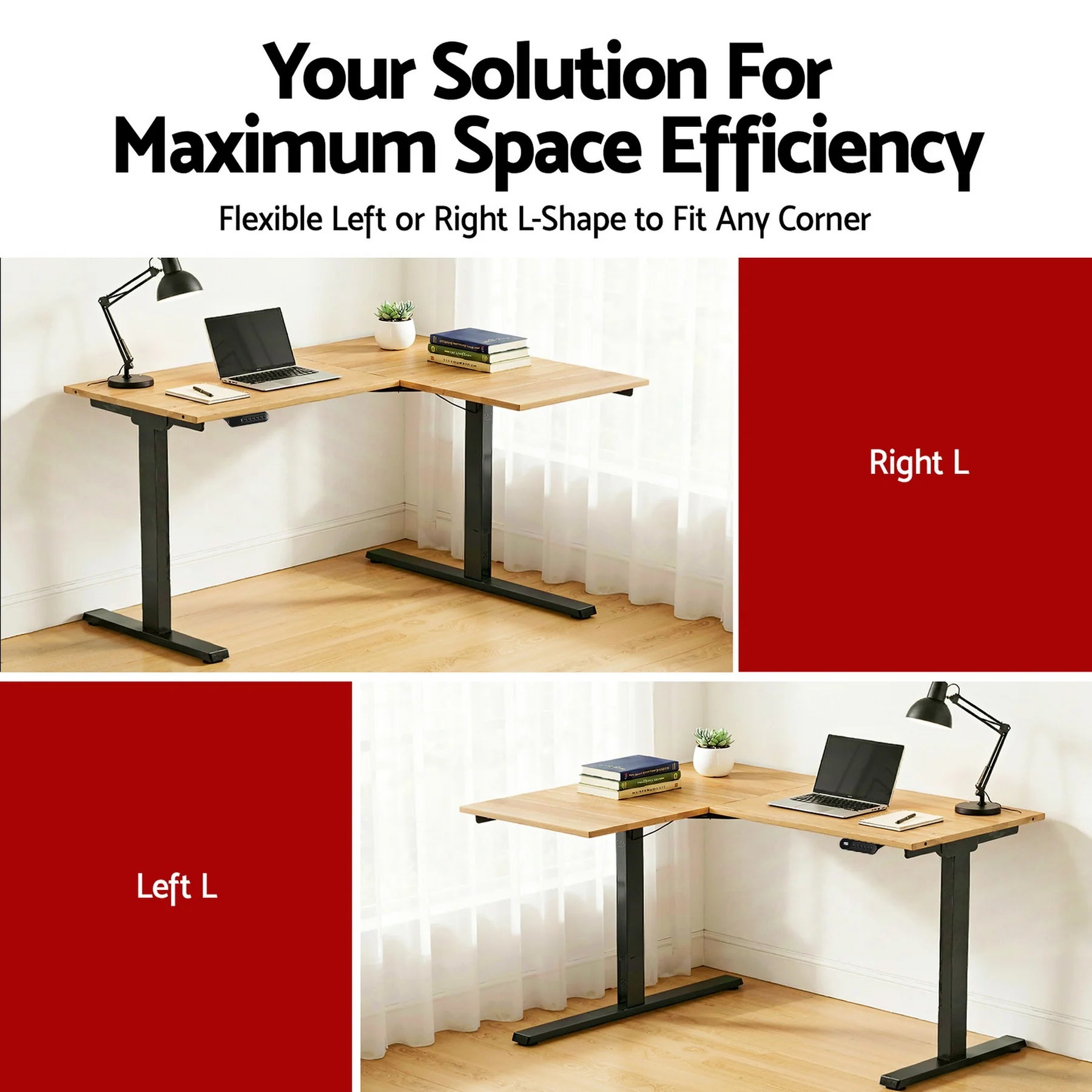 Graphic demonstrating the reversible left and right corner setup options for maximum space efficiency.
