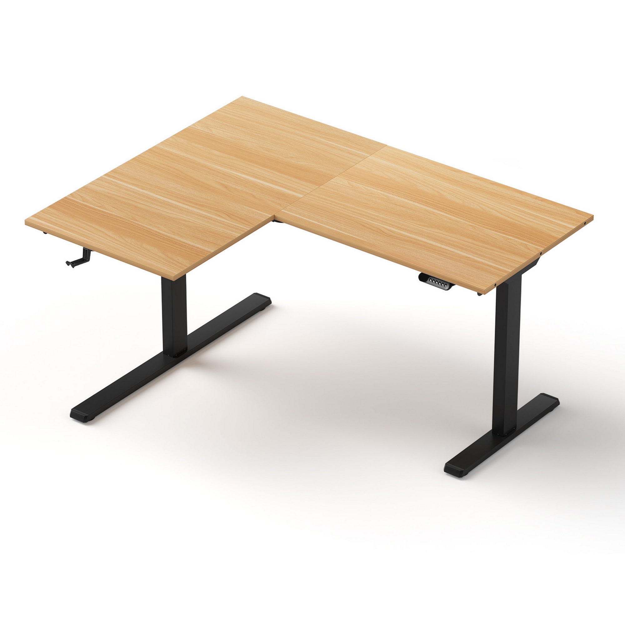 Angled front view of the motorised L-shaped standing desk featuring a natural wood top and black frame.