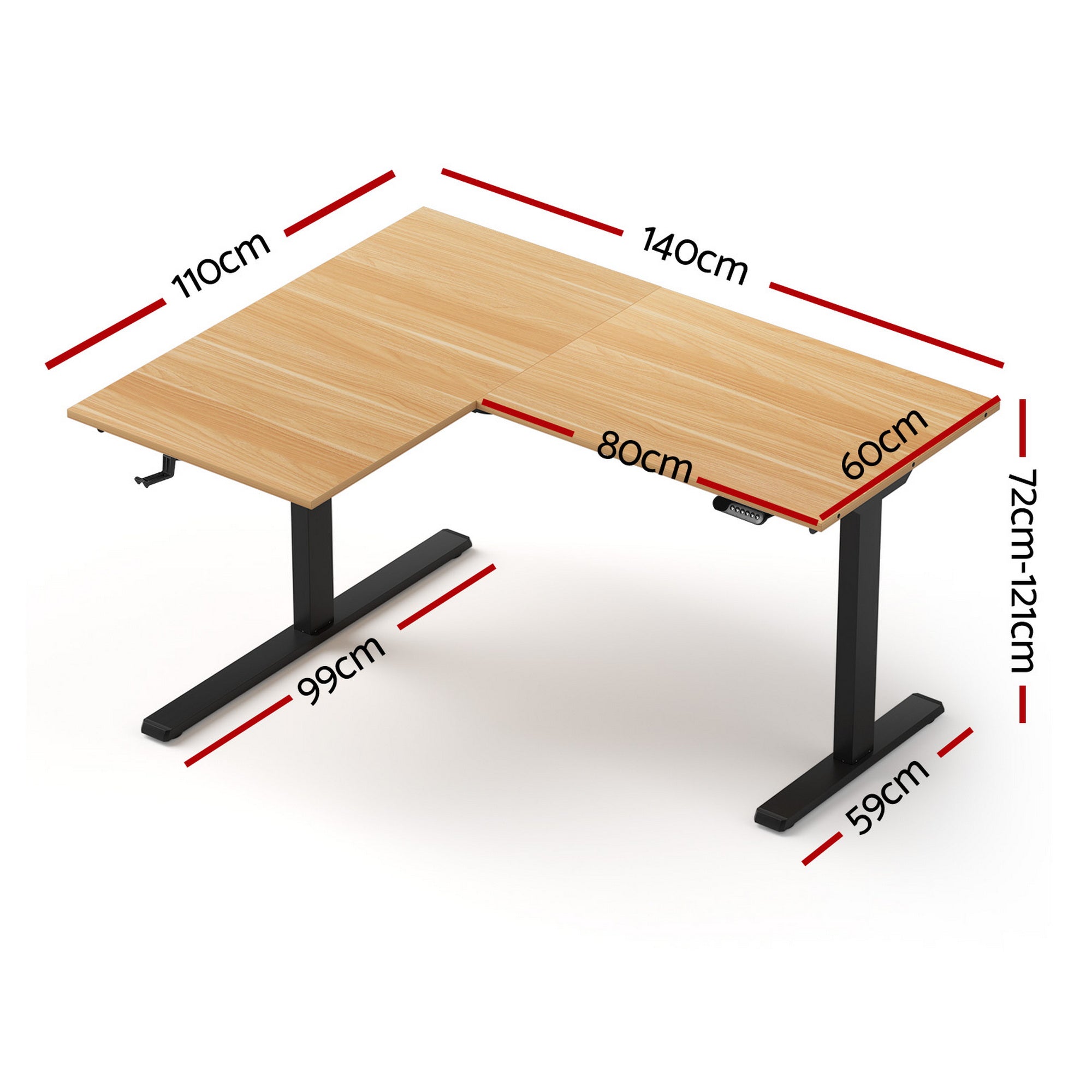 Detailed technical diagram showing the exact width, return length, and height dimensions of the L-shaped standing desk.