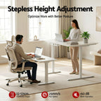 Visual demonstration of the stepless sit-stand height adjustment range for ergonomic working at the white L-shaped desk.